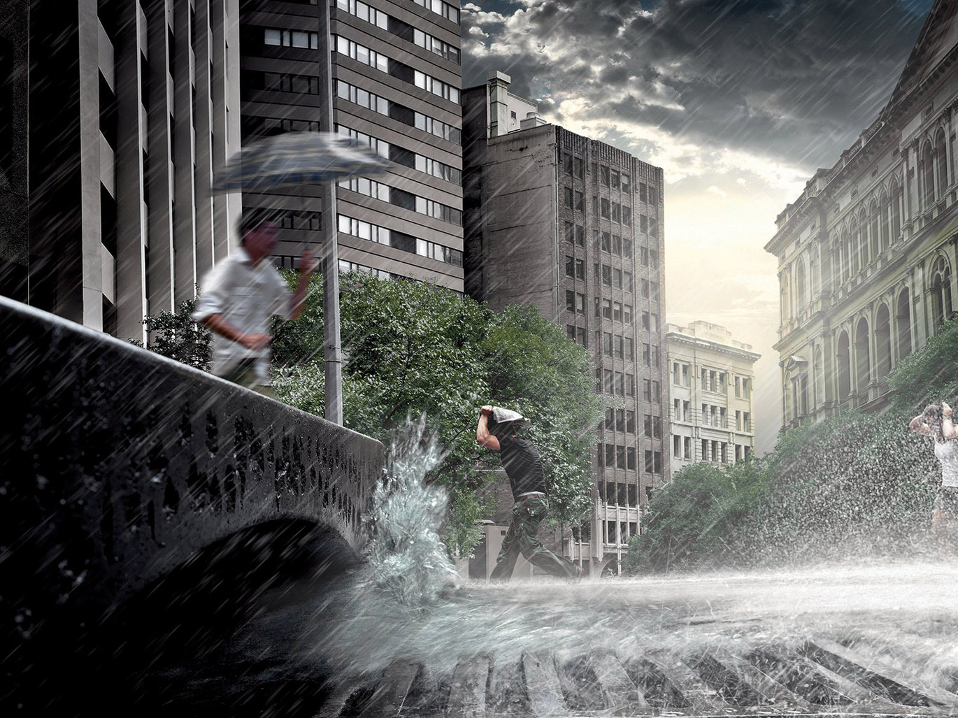 Überschwemmung-Stadt-Straßen-Kanalisation-dramatischer-Himmel-Menschen-Regenschirme-Bäume-Gebäude-Sonnenlicht-Wolken