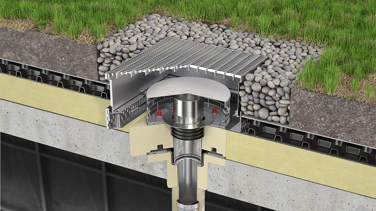 ACO Flachdach ES 2tlg Ablauf Kiesfang Betondecke Retentions Gruendach EBV V01 Kopie