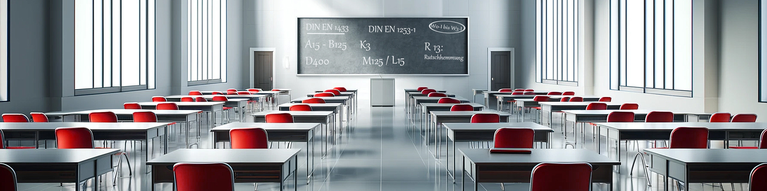 Klassenraum-rote-Stühle-Tafel-Klassen-Gebäudeentwässerung